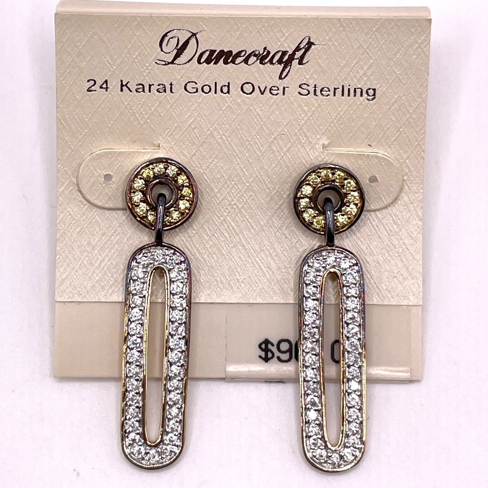 Danecraft 24K Gold Over Sterling Pave Rhinestone Drop Pierced Earrings - Picture 6 of 13